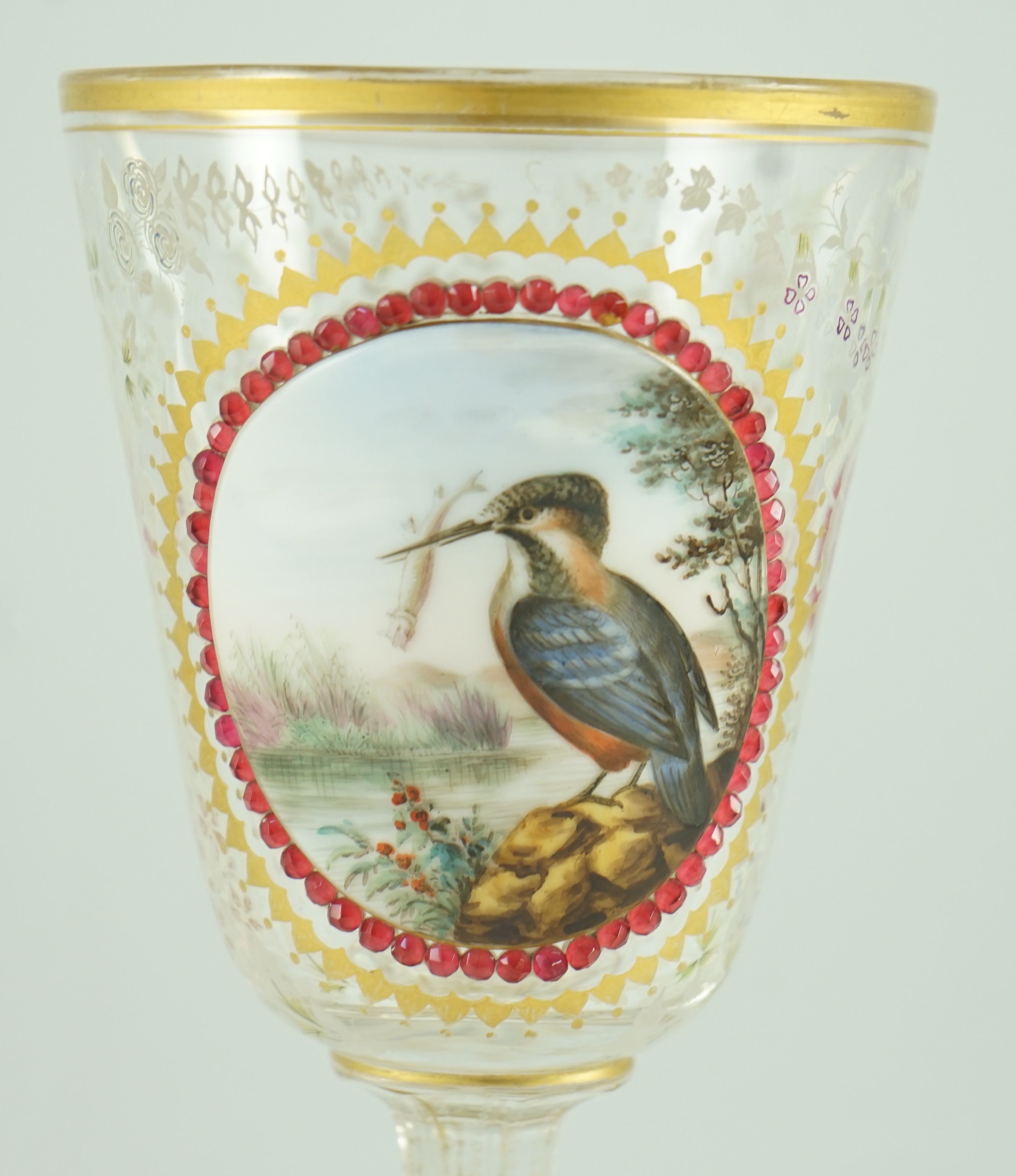 A Bohemian enamelled glass ‘Kingfisher’ goblet, late 19th century, 19.5 cm high